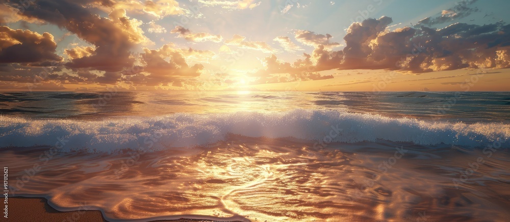 Poster Sunset at the beach with a cloudy sky and a bright sky perfect for a copy space image
