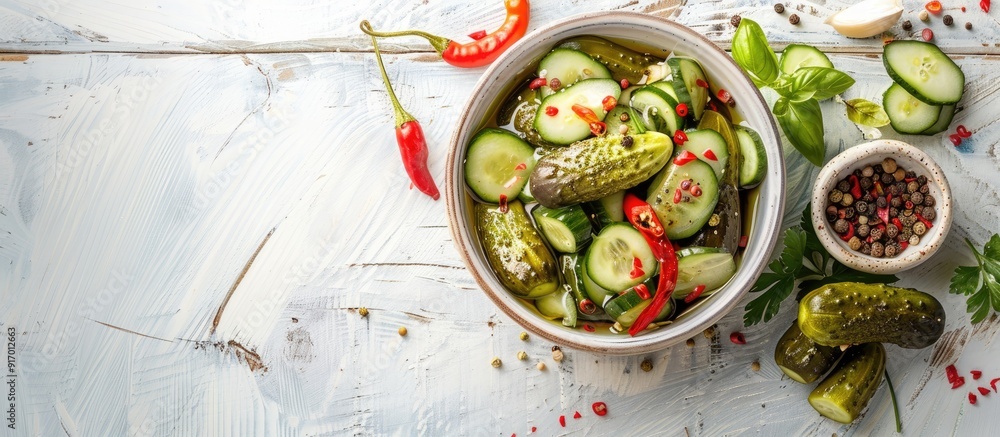 Poster a bowl with delicious pickled cucumbers and assorted spices displayed on a rustic white wooden backd