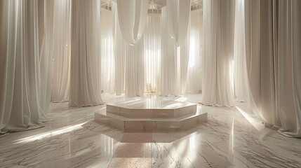 A technology-inspired 3D room with a central hexagonal podium, marble flooring, and intricate fabric textures draped along the walls