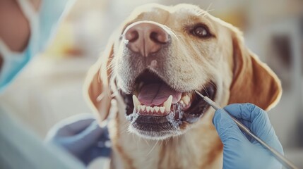 A veterinarian examines a happy dog during a dental check-up, showcasing pet care and the importance of oral hygiene for animals.