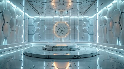 A futuristic geometric room with a central podium made of marble, surrounded by hexagonal patterns and advanced fabric textures illuminated by sleek lighting