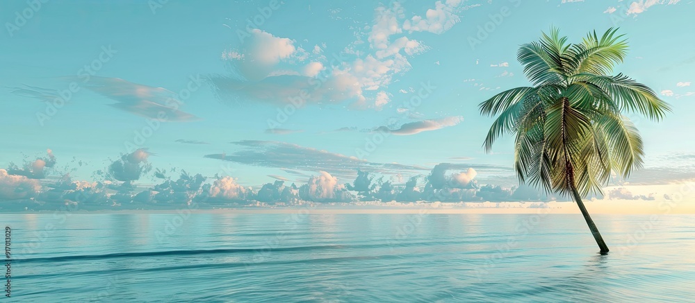 Poster tropical coastal scene with a palm tree against a seascape backdrop a serene copy space image