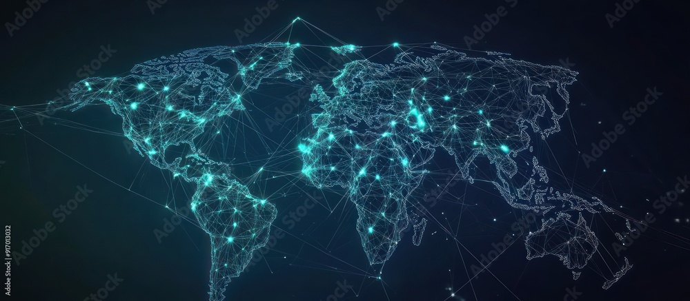Poster abstract world map with glowing lines and nodes