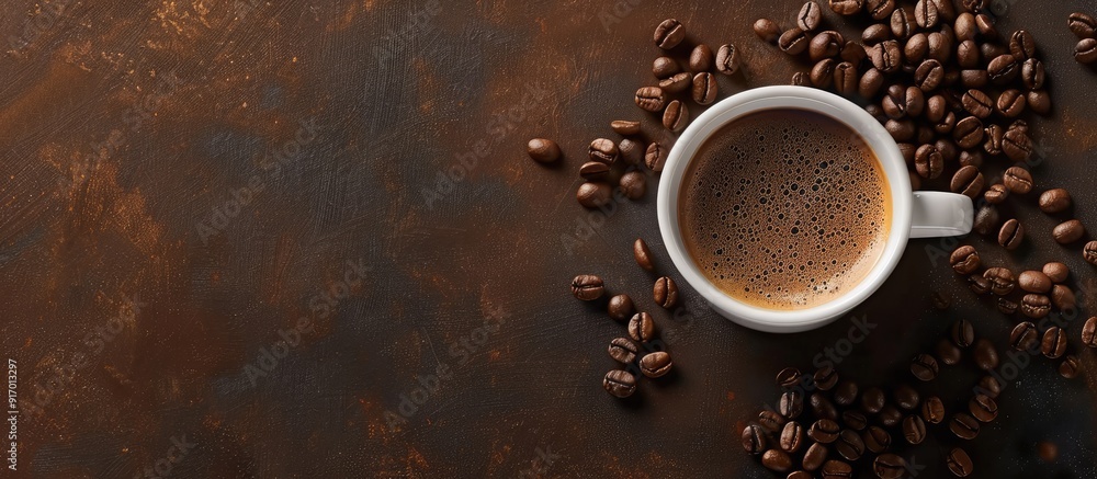 Poster A tempting freshly brewed cup of coffee with coffee beans shot from above with a spacious copy space image