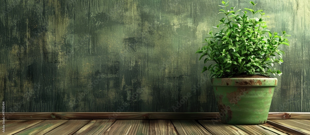 Poster green environment with a wooden background showcasing a flowerpot ideal for a copy space image