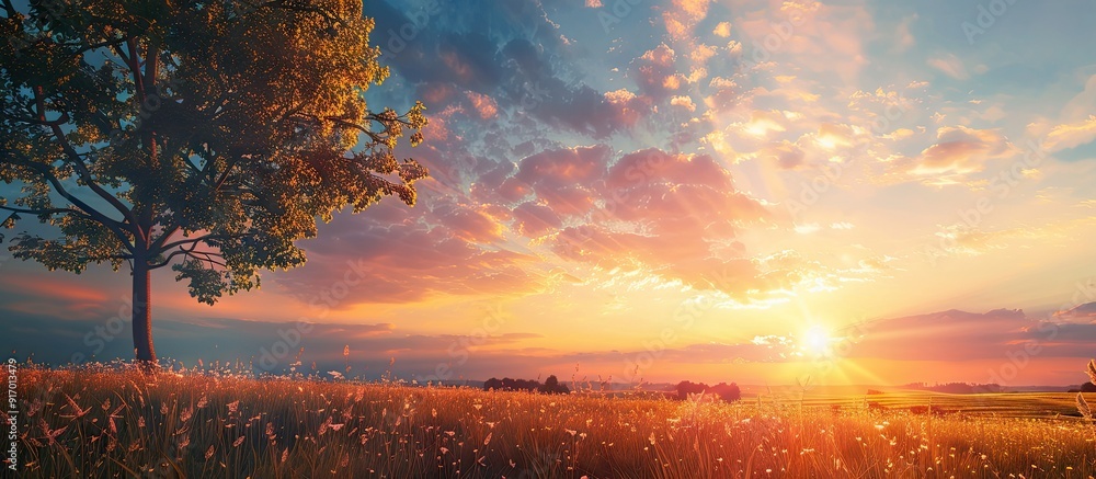 Poster the stunning sunset scene with a captivating sky and a peaceful ambiance ideal as a background for a