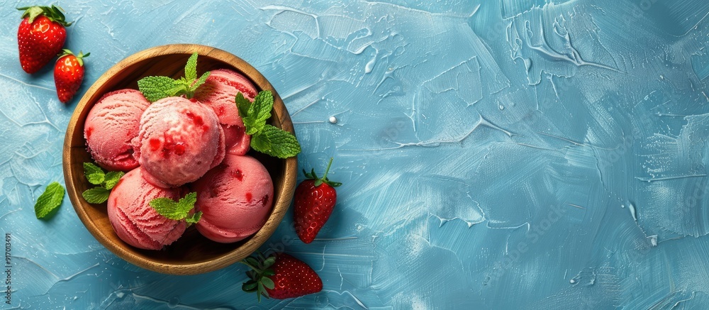 Poster top view of sorbet ice cream in a wooden bowl displayed on a blue textured backdrop garnished with s