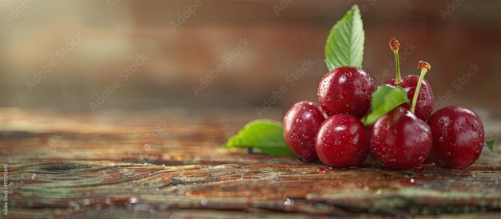 Poster fresh ripe cherries with leaves piled on a textured wooden background create a copy space image for 