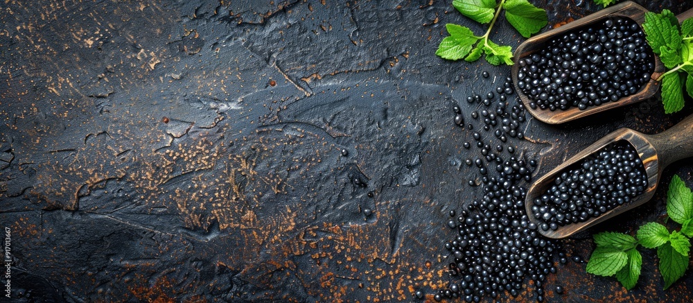 Poster rustic top view background with a copy space image featuring a natural and fresh lumpfish caviar a b