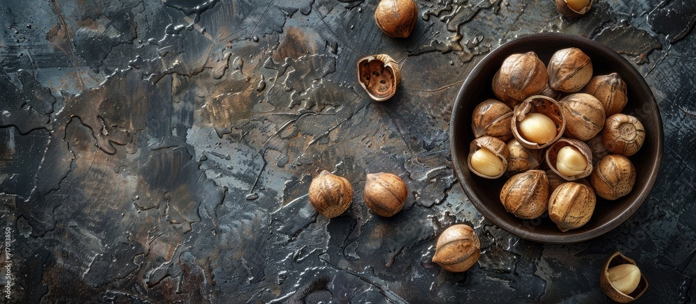 Aufkleber Vegetarian friendly roasted macadamia nuts in shells displayed on a dark textured concrete surface providing a compelling setting for a copy space image