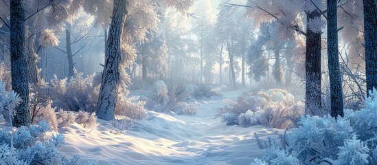 Snow covered forest setting with a serene snowy landscape in the background featuring ample copy space image