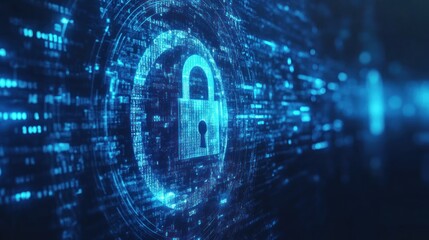 Obraz premium Glowing Digital Lock Icon on a Blue Data Stream