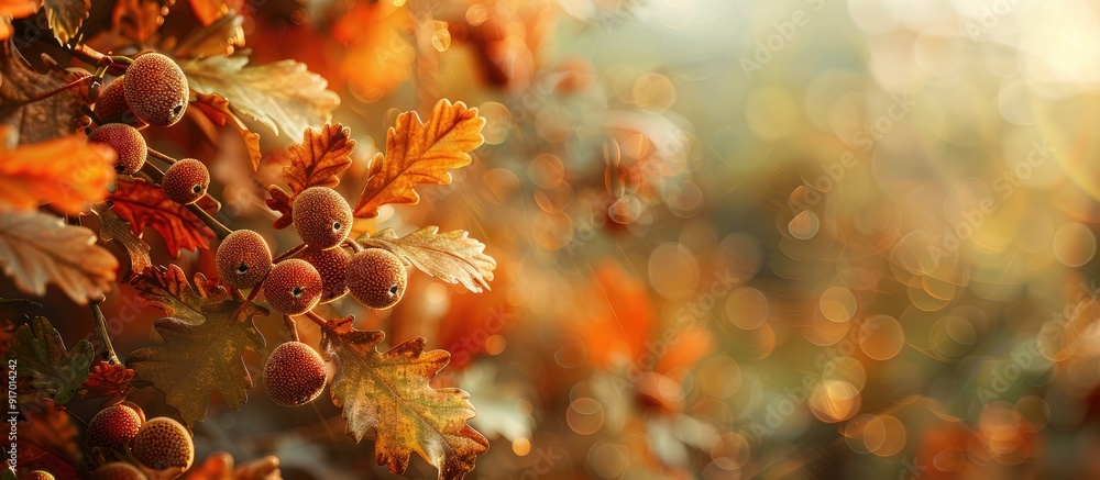 Poster autumn setting with a closeup of oak fruits and leaves in a forest backdrop leaving a prominent copy