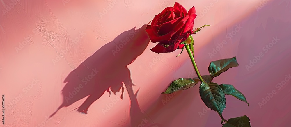 Poster negative spacing highlights a red rose on a pink background creating a visually appealing copy space