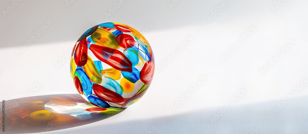Poster colorful patterns on a glass ball against a white backdrop in a copy space image