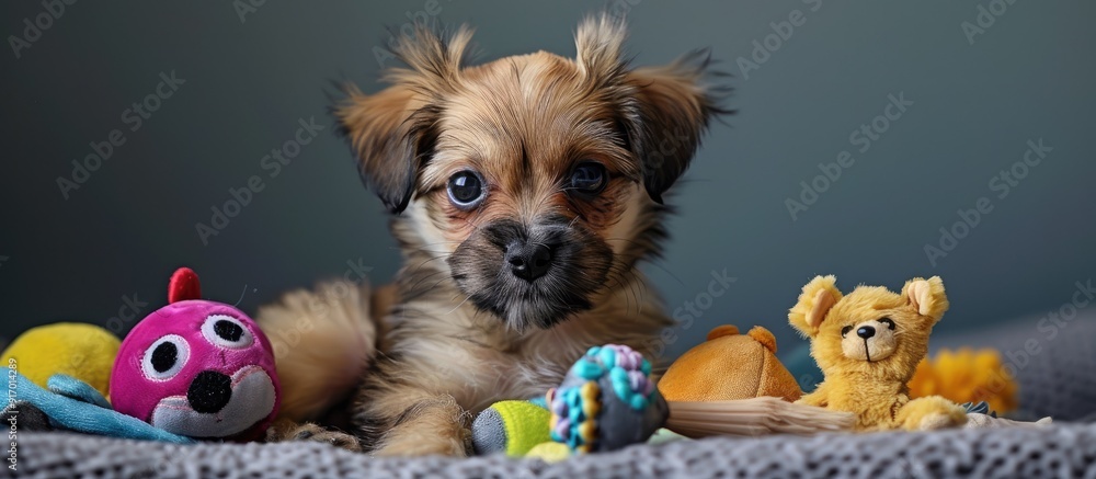 Poster Rescued mixed Shih Tzu Chihuahua puppy engaging playfully with toys in a copy space image
