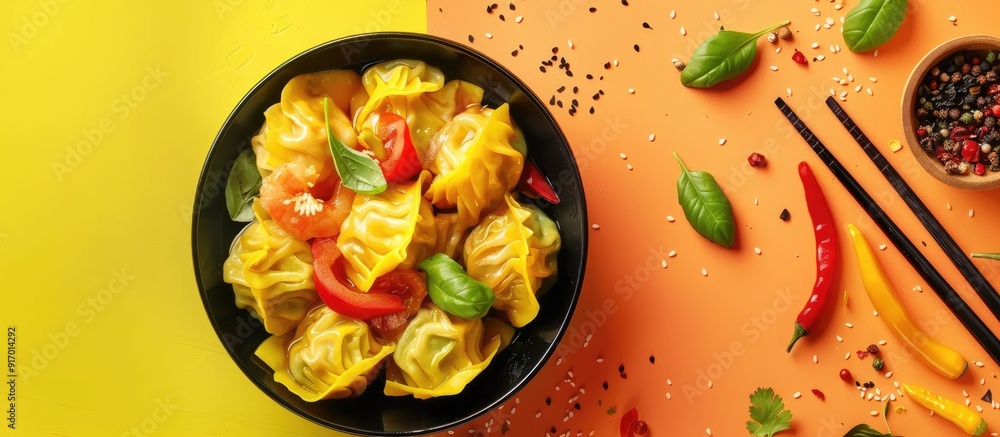 Poster bowl with colorful dumplings and pepper on yellow backdrop with a copy space image