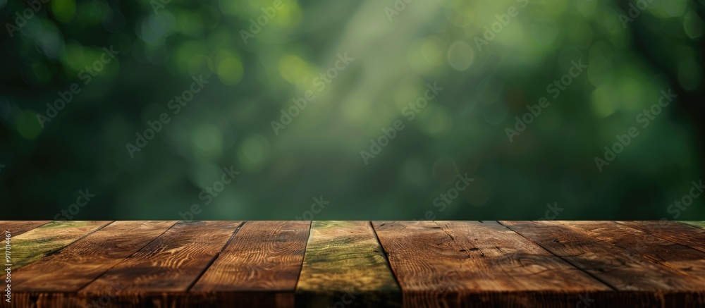 Poster wooden table with no items on top placed against a blurred green background providing ample copy spa