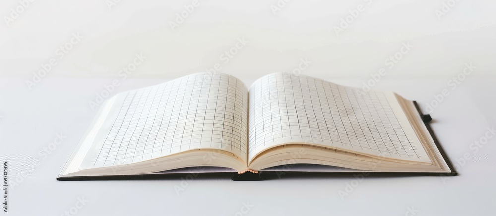 Poster an open notebook with grid patterned pages on a white surface displays empty pages perfect for writi