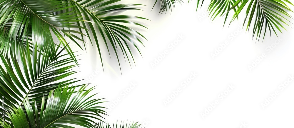 Poster a corner arrangement of green palm branches set against a white background with copy space image