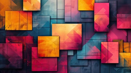 A vibrant abstract design with gradient colors forming a mosaic pattern, complemented by geometric shapes and a smooth, glossy texture