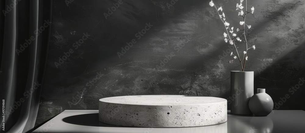 Aufkleber minimalistic style mock up scene featuring a creative white stone podium on a black background with 
