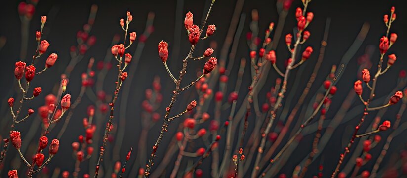 Blooming ocotillo plants with red flowers on stem tips replicating torches they re named after in a copy space image