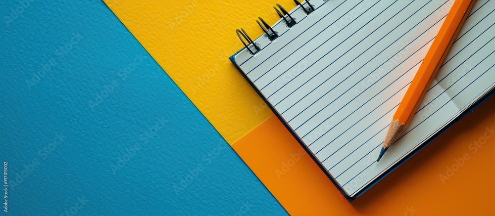 Poster top view of a notebook and pencil on a colorful background in a flat lay composition with copy space