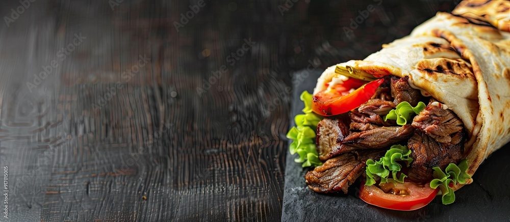 Poster Succulent Turkish kebab tantuni displayed in a Mersin tantuni wrap with varieties of meat like beef and chicken in between bread served as a copy space image