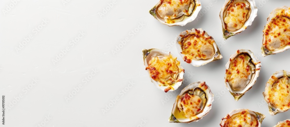 Poster baked cheese covered oysters in shells on a white background with empty space for text or logos. cop