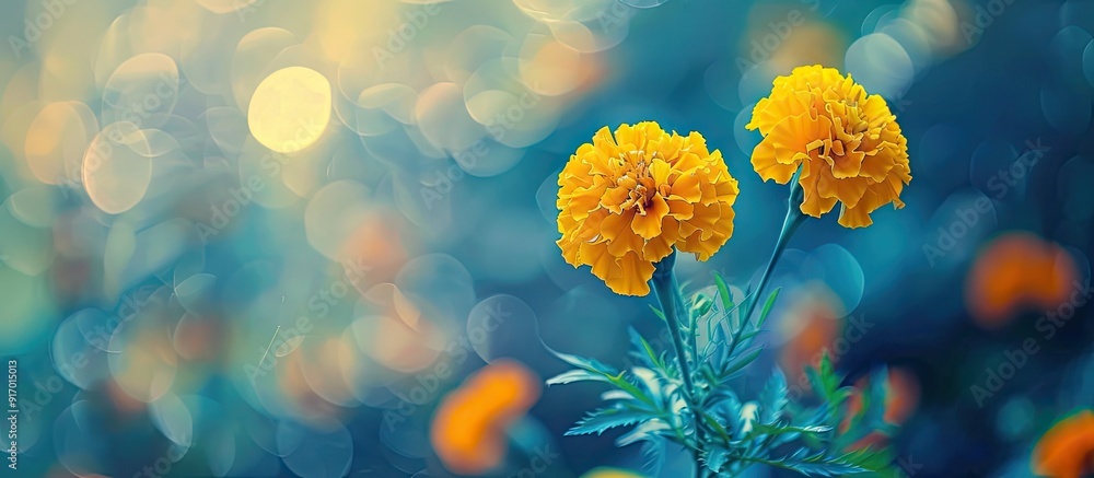 Poster A pair of vibrant yellow marigolds stand out in a blurred background of more marigolds creating a beautiful copy space image