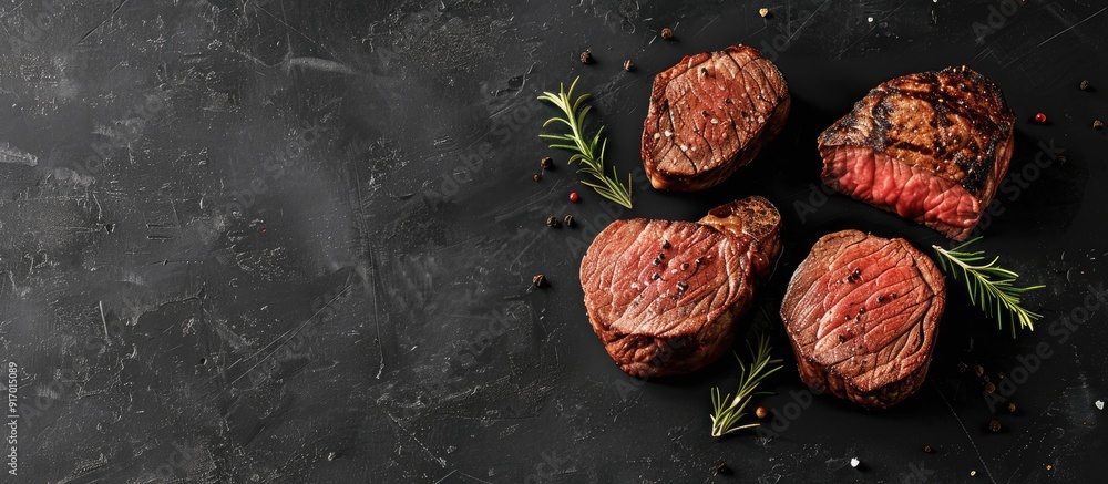 Poster top down view of dry aged fillet mignon and beef tenderloin steaks on a black backdrop with copy spa