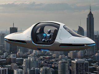 Futuristic Mini Robot in a Flying Pod Over City Skyline