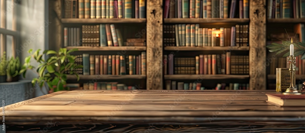Poster vintage bookshelf in a home library room with a wooden table top featuring a blurred background for 
