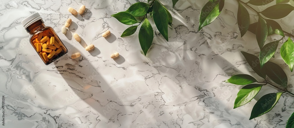 Poster top view of a bottle with pills and green leaves placed on a concrete surface creating a visually ap