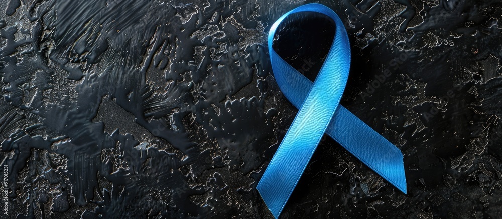 Poster top view of a blue awareness ribbon on a black background with space for text in the image. copy spa