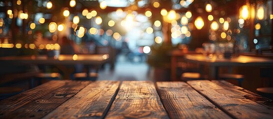 At a trendy restaurant in the evening a wooden table offers an ideal copy space image for food ads or displays with a lively blurred backdrop