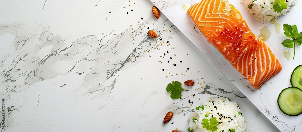 Poster salmon with rice and cucumber on a white marble background seen from the top includes plenty of spac