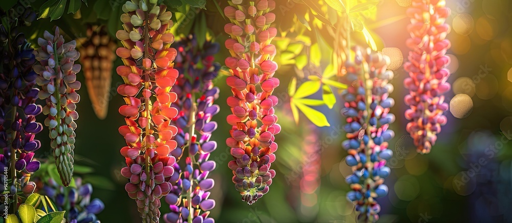 Poster Colorful lupins hanging on a sunny day with a backdrop of green trees in a copy space image