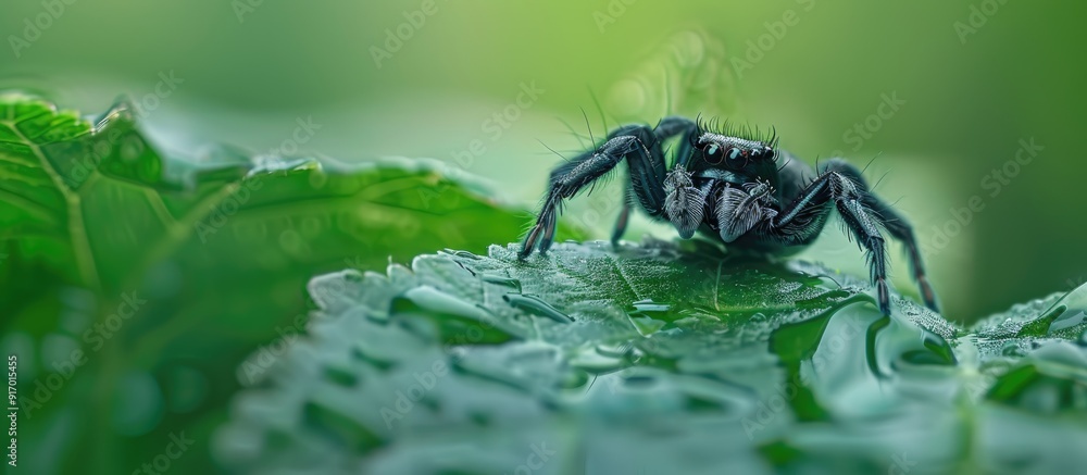 Poster a tiny black spider atop a leaf in a close up with a soft focused background perfect for a copy spac