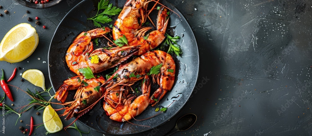 Aufkleber various dishes on a plate including delicious grilled shrimp creating a tempting arrangement with am