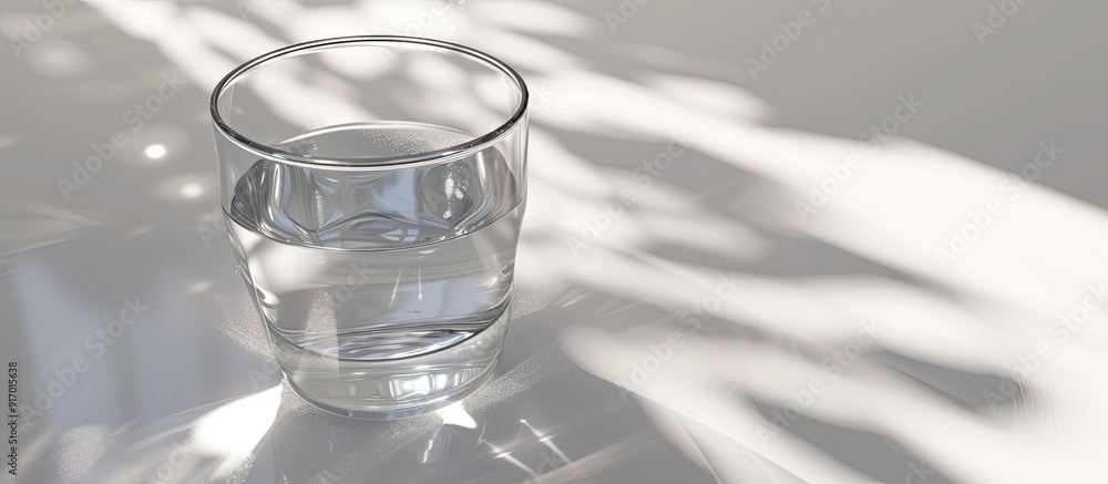 Poster glass cup on a white background casting shadows from lighting with copy space image