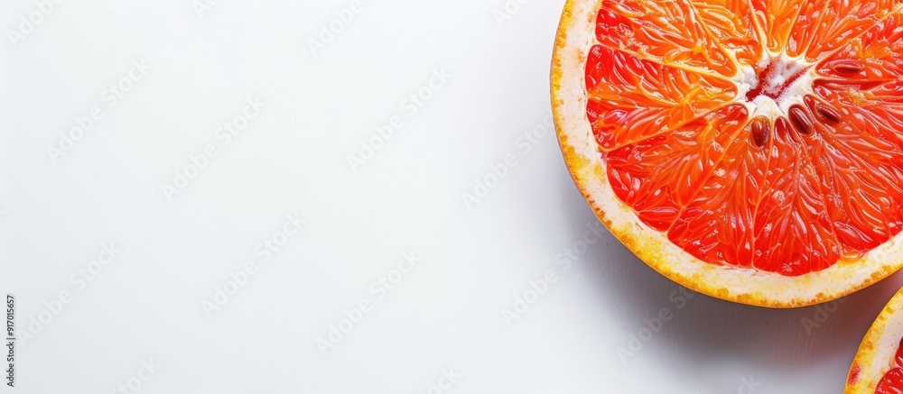 Poster Close up of a grapefruit and slice on a white background with copy space image