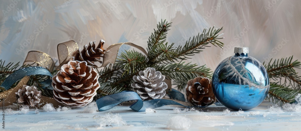 Aufkleber high quality photo featuring a christmas arrangement with cones a blue glass ball and tape on a ligh