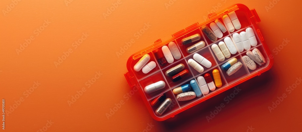 Poster top view of a weekly pill organizer filled with capsules and supplements on an orange background wit