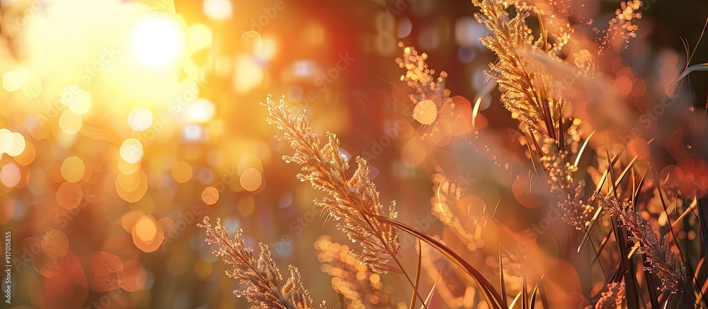 Poster sunrise illuminating a phalaris arundinacea with copy space image