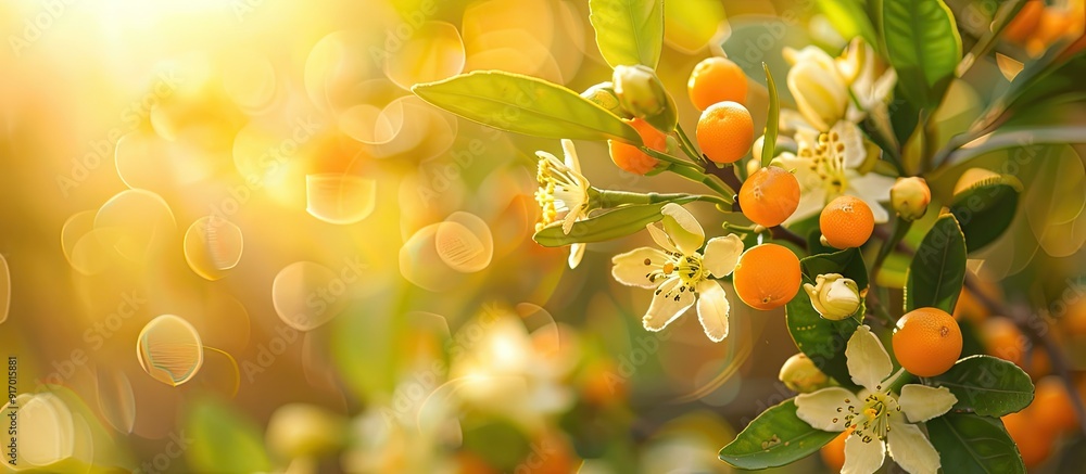 Poster in spring the garden showcases vibrant kumquat blossoms with a background ideal for a copy space ima