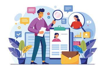 Recruitment .Personnel selection. A businessman reviews and studies profiles and resumes of potential employees.