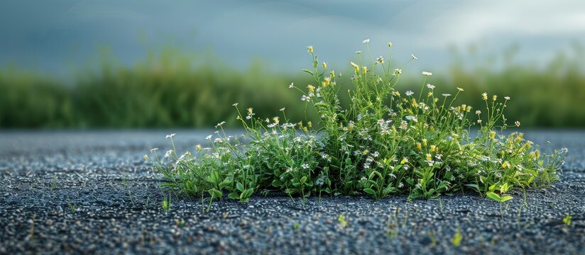 Wild Gletang tridax procumbens plants grow as weeds on roadsides with room for a copy space image