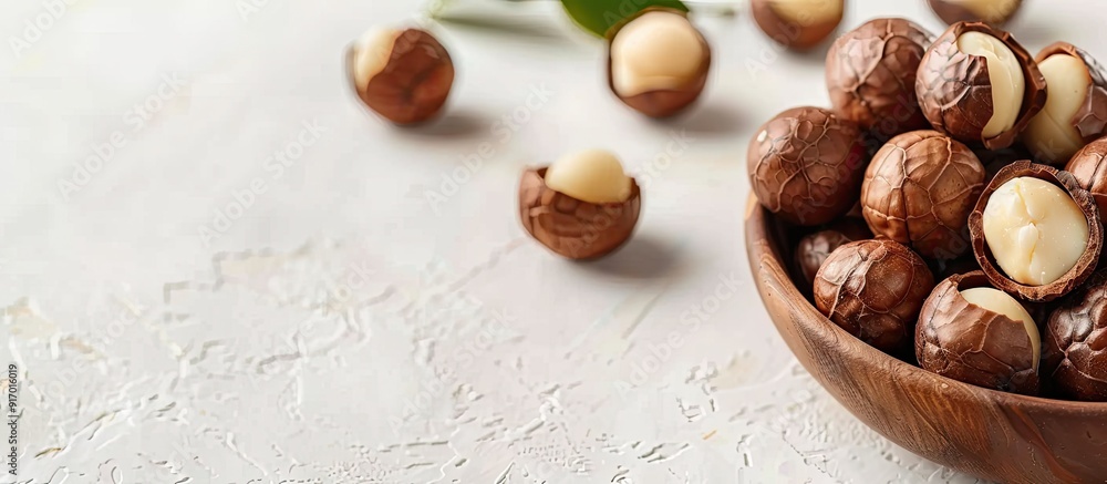 Poster Macadamia nuts featured in a white background with copy space image